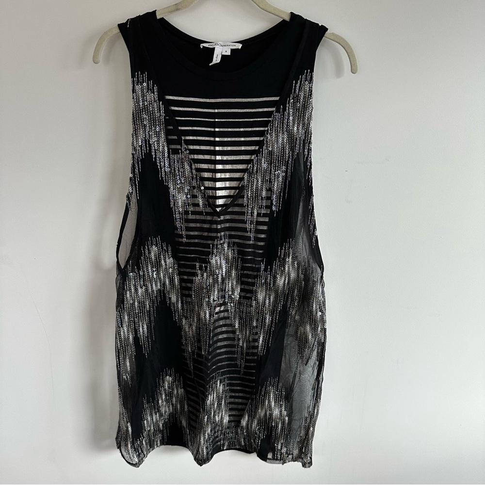 Sparkly BCBGeneration Black Mini Dress with Silver Sequins and Sparkles